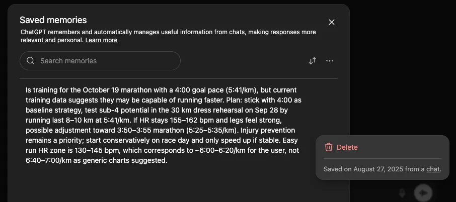 Voorbeeld van geheugen in ChatGPT